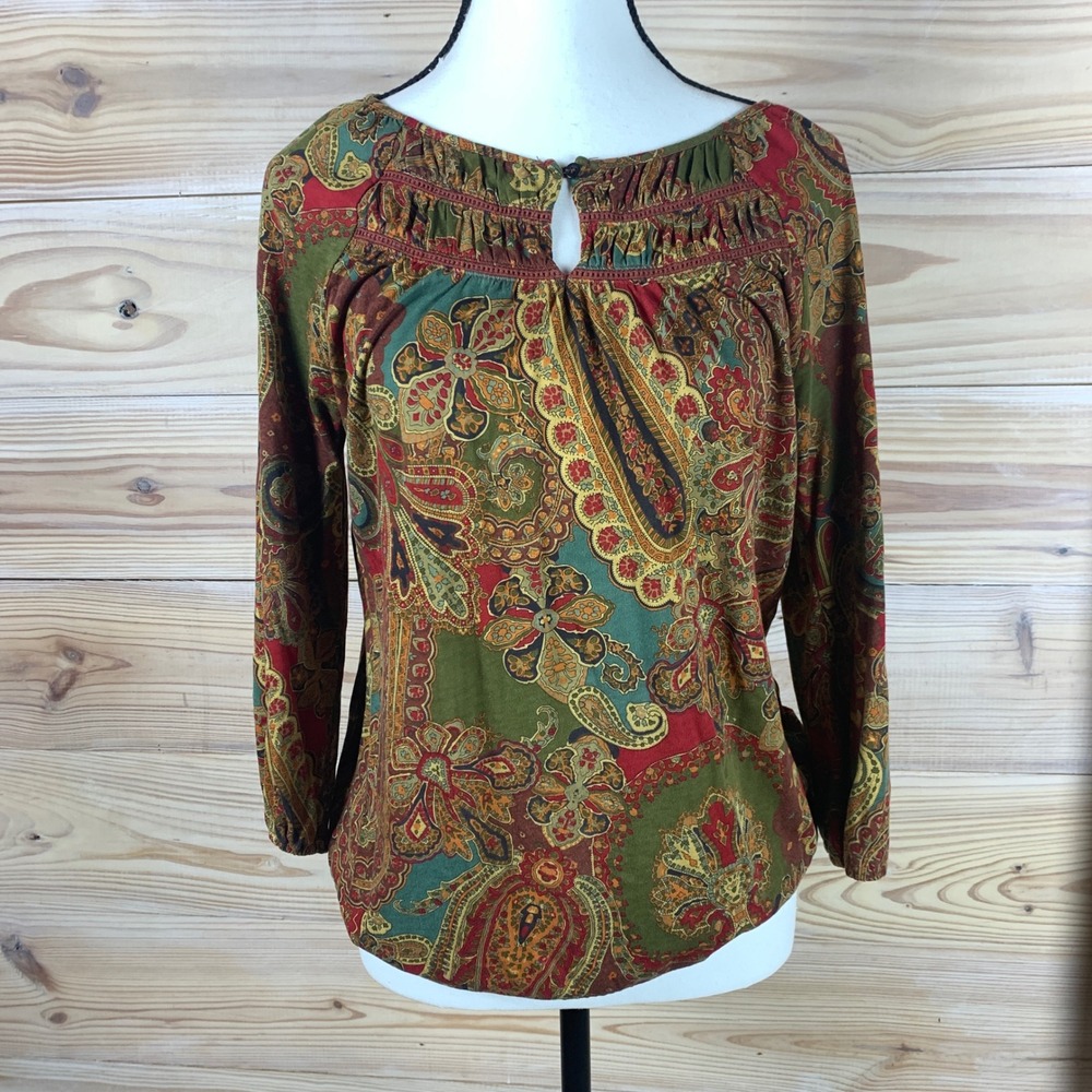 Lauren Ralph Lauren Blouse Womens Petite Paisley Earthy Boho Top‎